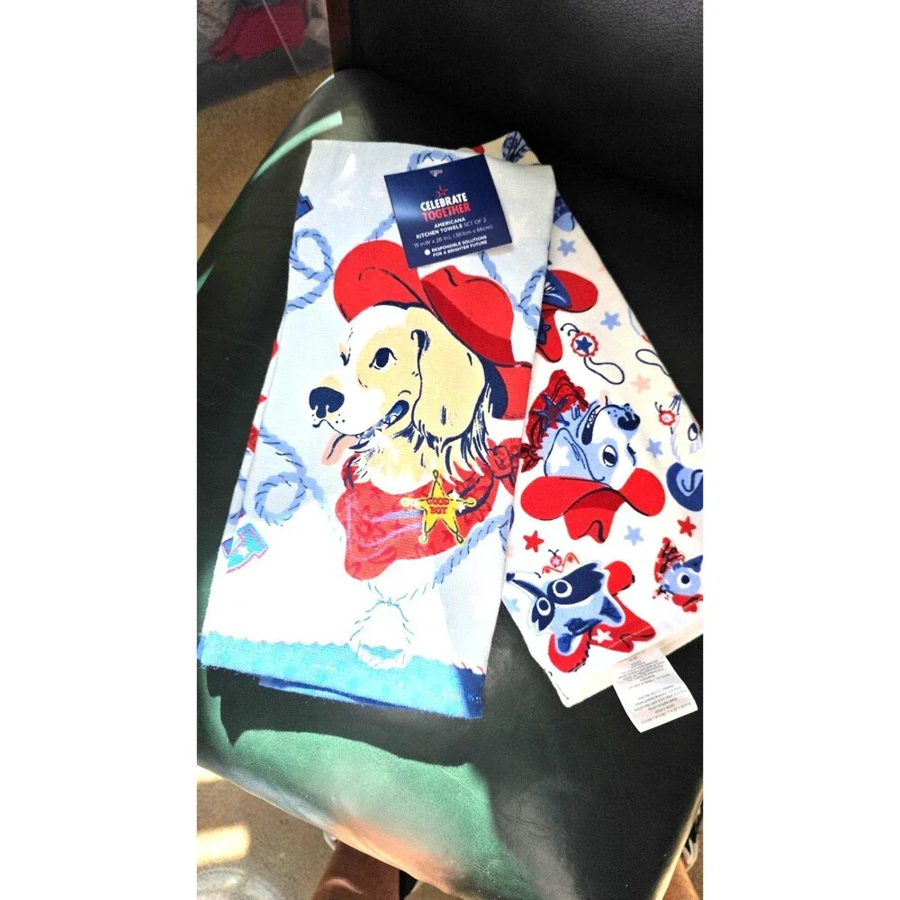 Celebrate Together Americana Kitchen Towels Dogs  Set of 2 New w Tags